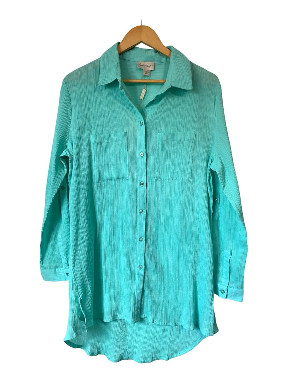 NWT Charlie Paige Cotton Woven Crinkle Dress Shirt button front teal Medium